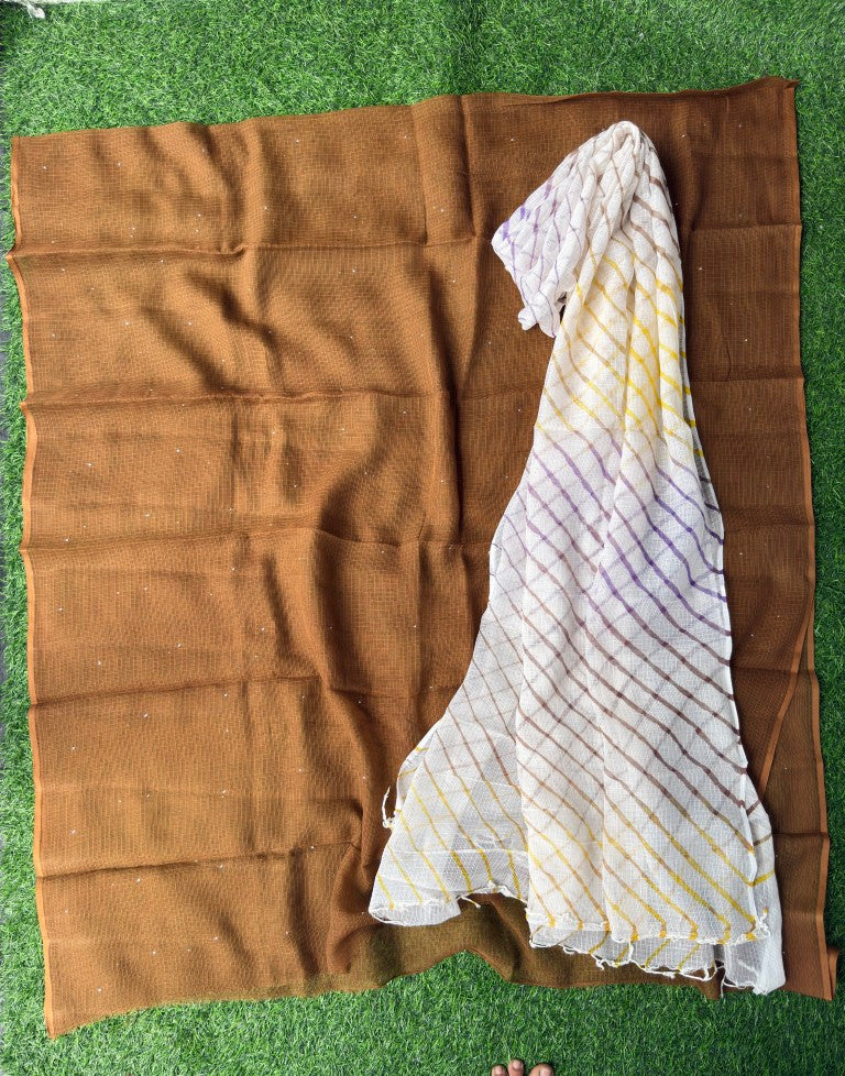 Pure Kora Cotton Suit Set With Mukesh Work And Multi Colour Leheriya Duptta