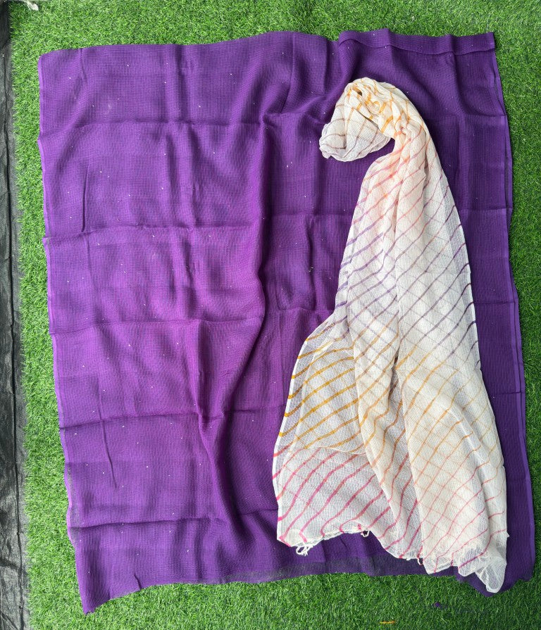 Pure Kora Cotton Suit Set With Mukesh Work And Multi Colour Leheriya Duptta