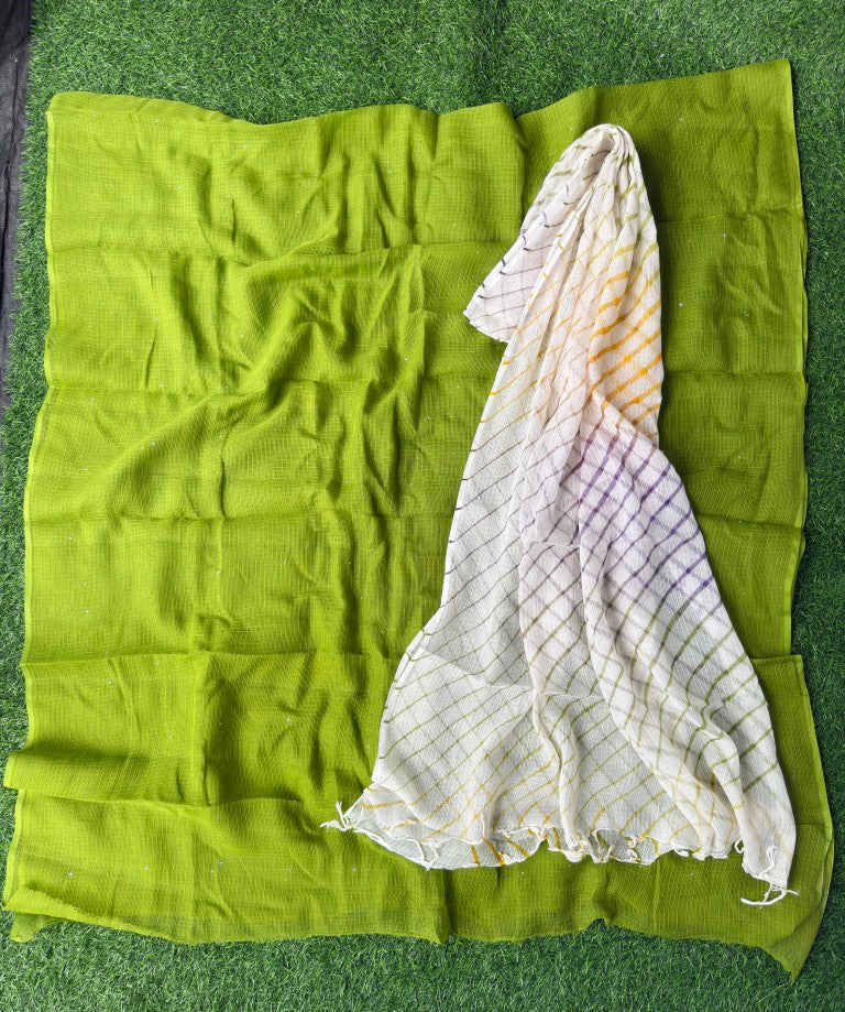 Pure Kora Cotton Suit Set With Mukesh Work And Multi Colour Leheriya Duptta