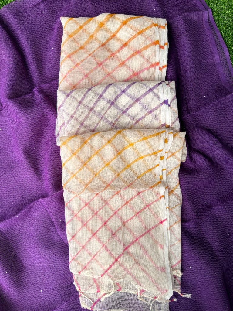 Pure Kora Cotton Suit Set With Mukesh Work And Multi Colour Leheriya Duptta