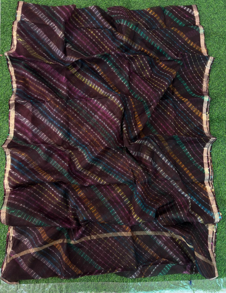 Pure Kota Silk Multi-Colour Leheriya Saree (Brown)