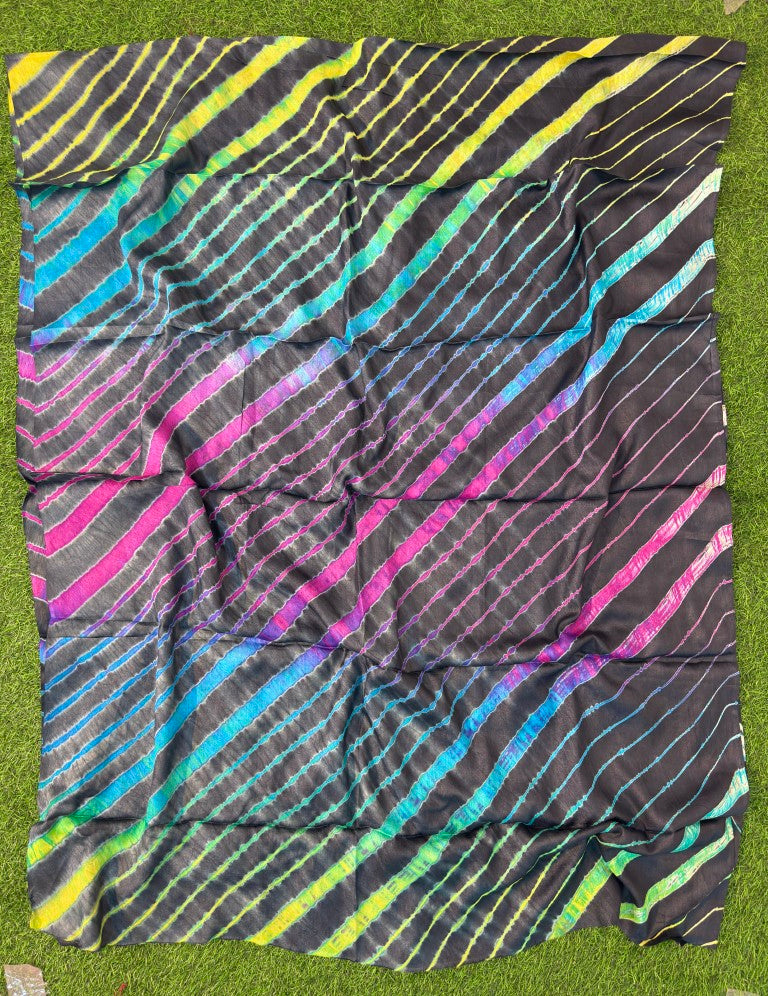 Black Pure Tussar Silk Leheriya Dress Material