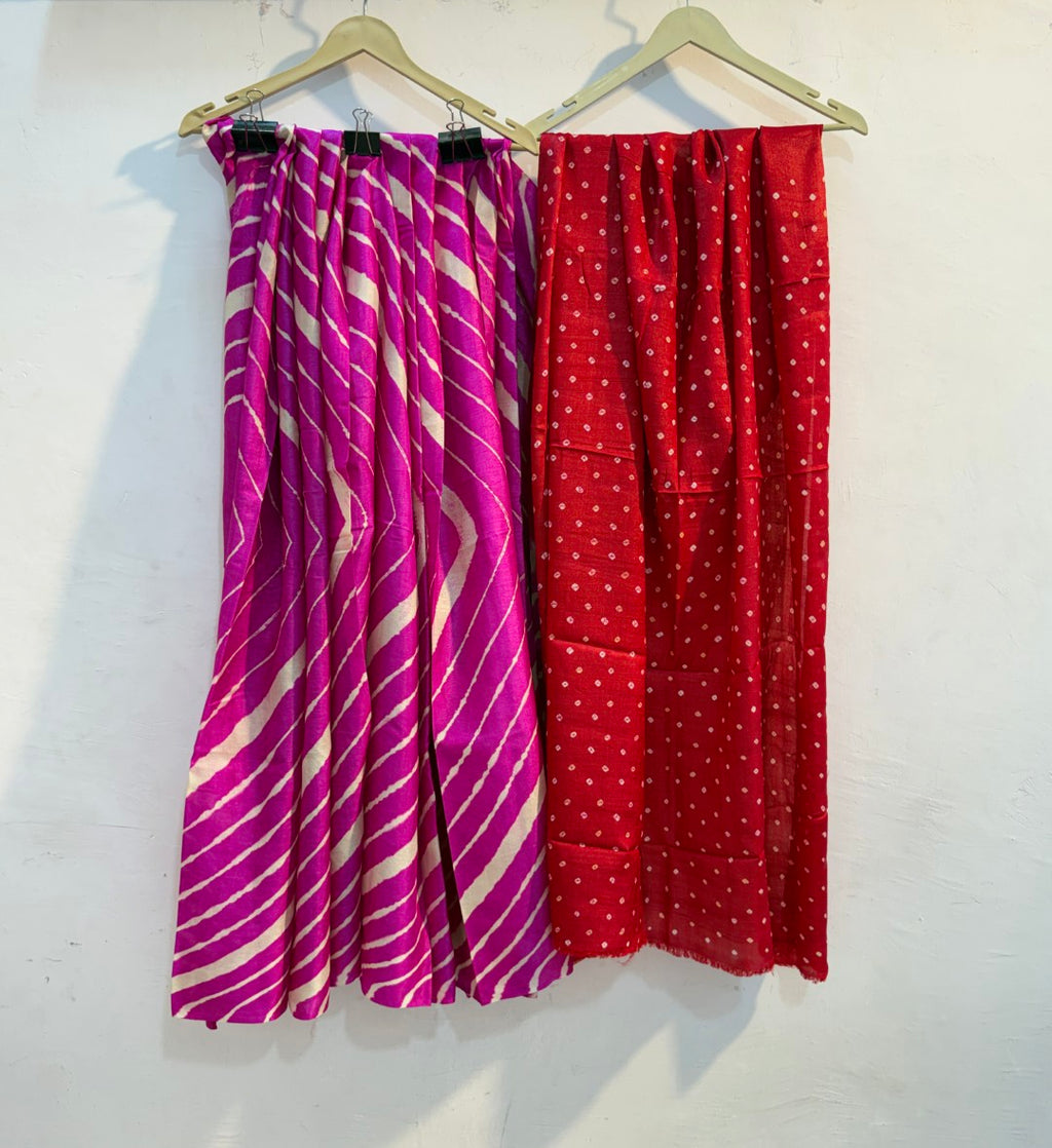 Pure Handloom Tussar Silk Leheriya Saree with Bandhani Pallu (Purple, Red) ✨