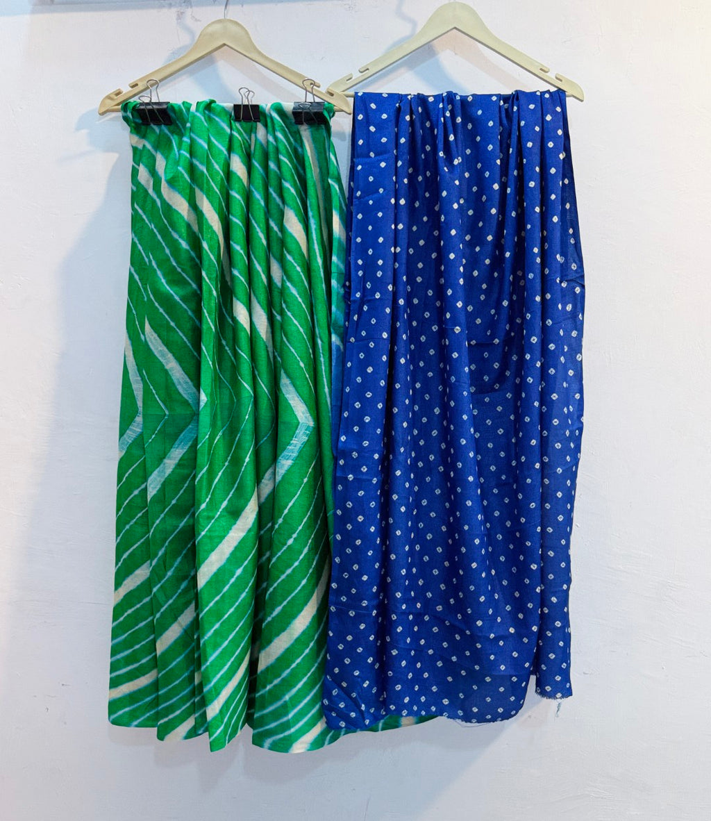 Pure Handloom Tussar Silk Leheriya Saree with Bandhani Pallu (Green, Blue) ✨