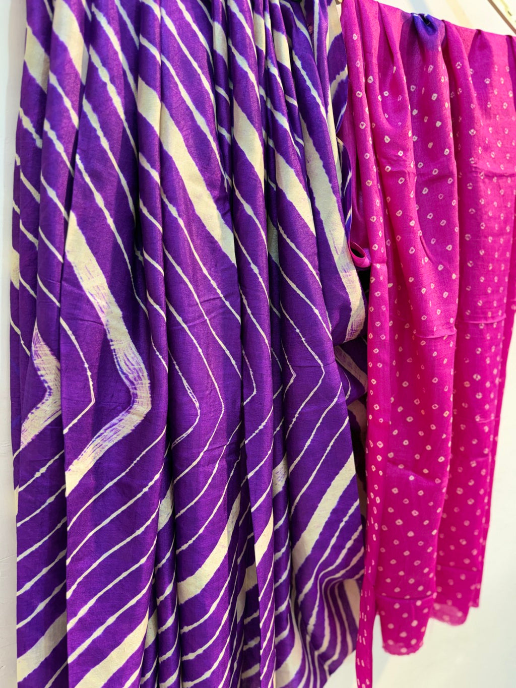 Pure Handloom Tussar Silk Leheriya Saree with Bandhani Pallu (Pink, Purple)  ✨