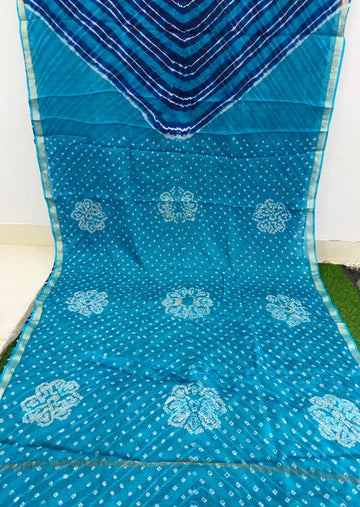 Blue Pure Kota Silk Leheriya paired with a stunning Bandhani pallu