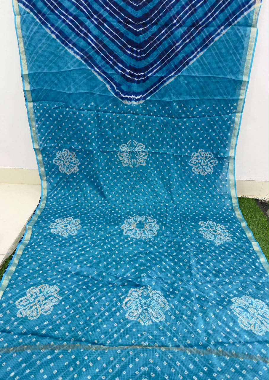 Blue Pure Kota Silk Leheriya paired with a stunning Bandhani pallu