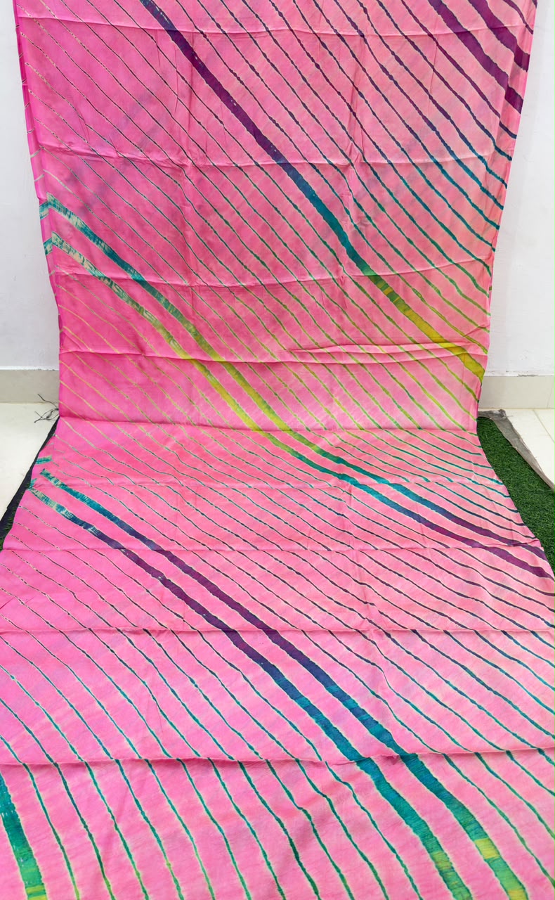 Baby Pink Pure Handloom Tusser Silk Multi Leheriya Saree ✨