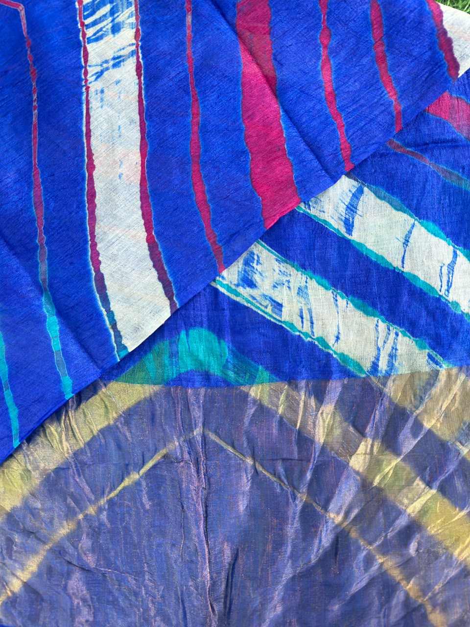 Dark Blue Pure Tusser Silk with vibrant multicolour Leheriya waves
